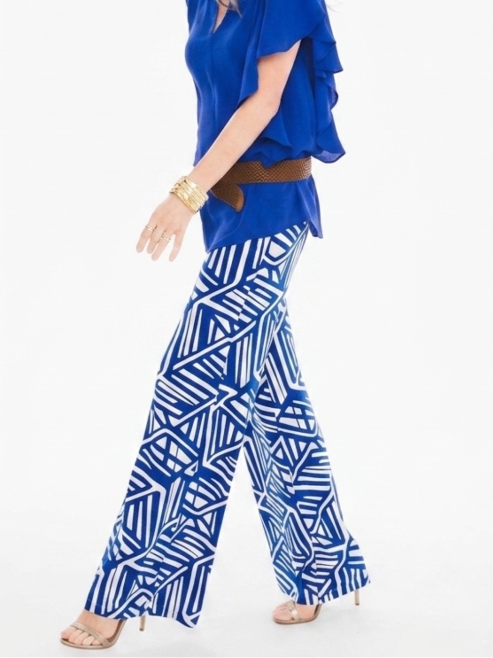 Chico's Blue Geometric Print Wide Leg Palazzo Pants Size 4 XXL 20